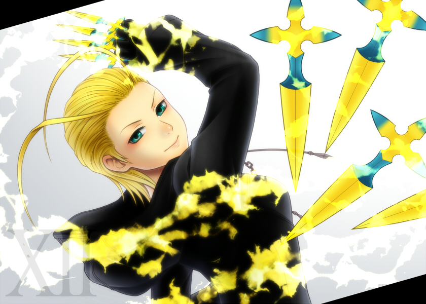 cloak, ekuru_(pixiv618303), gloves, green_eyes, kingdom_hearts, knife, larxene, solo