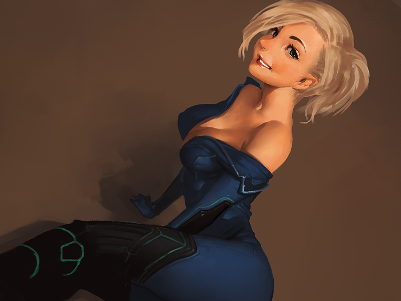 arm_support, bare_shoulders, blonde_hair, blue_eyes, bodysuit, breasts, cleavage, kichin_yarou, lipstick, lying, metroid, nintendo, no_lineart, open_clothes, ponytail, samus_aran, skin_tight, smile, undressing, unzipped, zero_suit