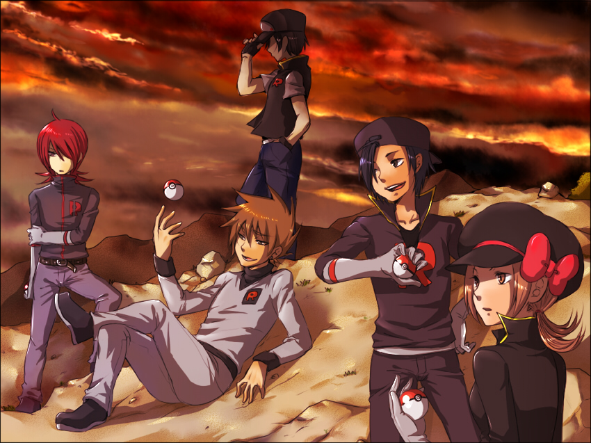 4boys, alternate_costume, belt, black_hair, brown_background, brown_hair, clothes_writing, cloud