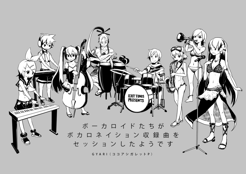 double_bass, drum, flower, goggles, goggles_on_head, gumi, gyari_(imagesdawn), hair_flower, hair_ornament, hair_ribbon, hairclip, hatsune_miku, instrument, kagamine_len, kagamine_rin, kaito, kamui_gakupo, keyboard_(instrument), long_hair, megurine_luka, meiko, microphone, microphone_stand, monochrome, ribbon, sarong, saxophone, short_hair, smile, studiotetore, swimsuit, trumpet, vocaloid