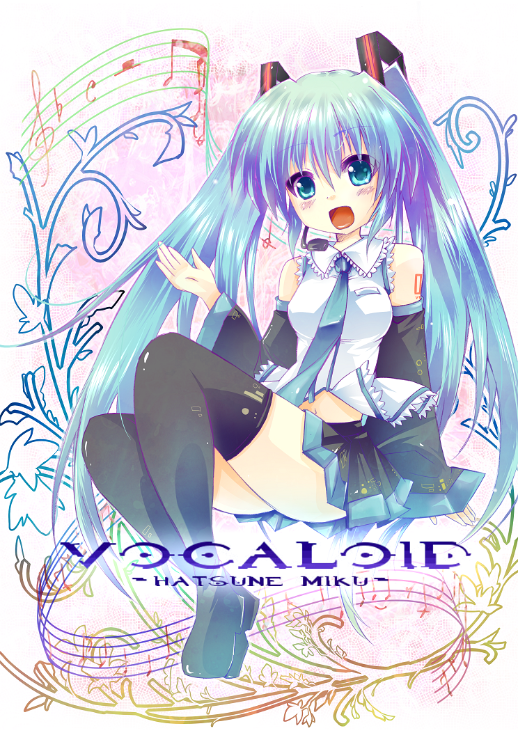aqua_eyes, aqua_hair, az_(colorb05), black_legwear, boots, detached_sleeves, hatsune_miku, musical_note
