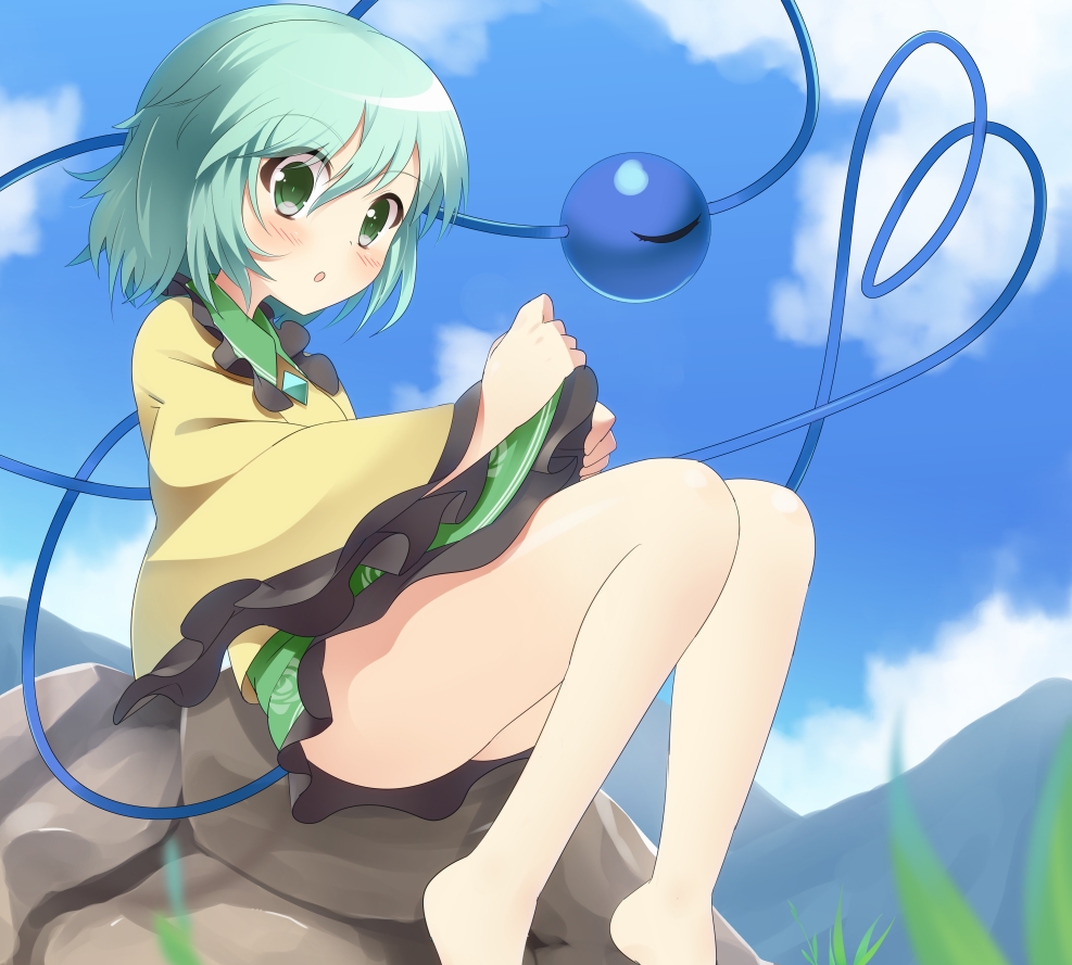 aqua_hair, bare_legs, barefoot, eyeball, green_eyes, green_hair, komeiji_koishi, no_hat