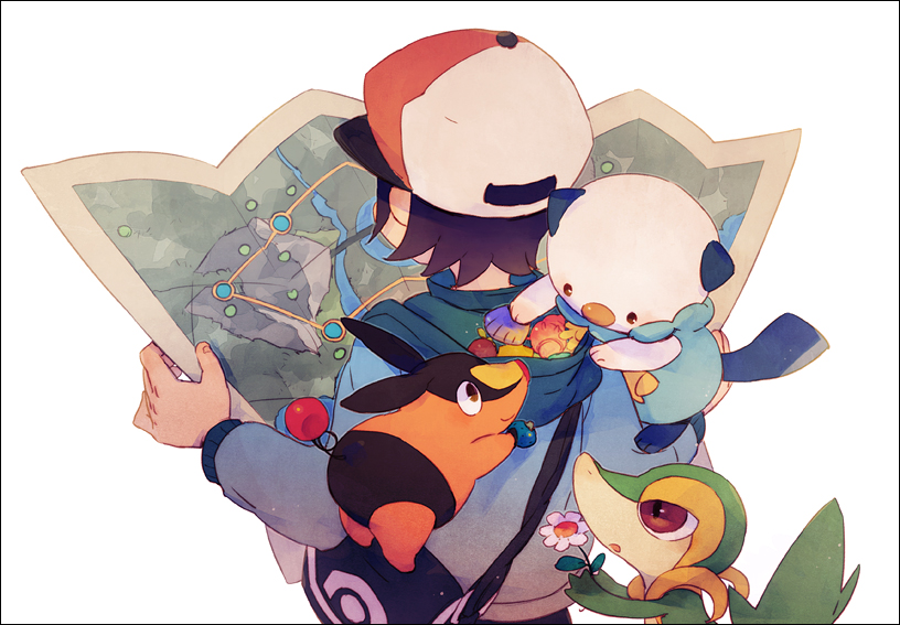 1boy, 21grams, bad_id, berries, flower, map, oshawott, pokemon