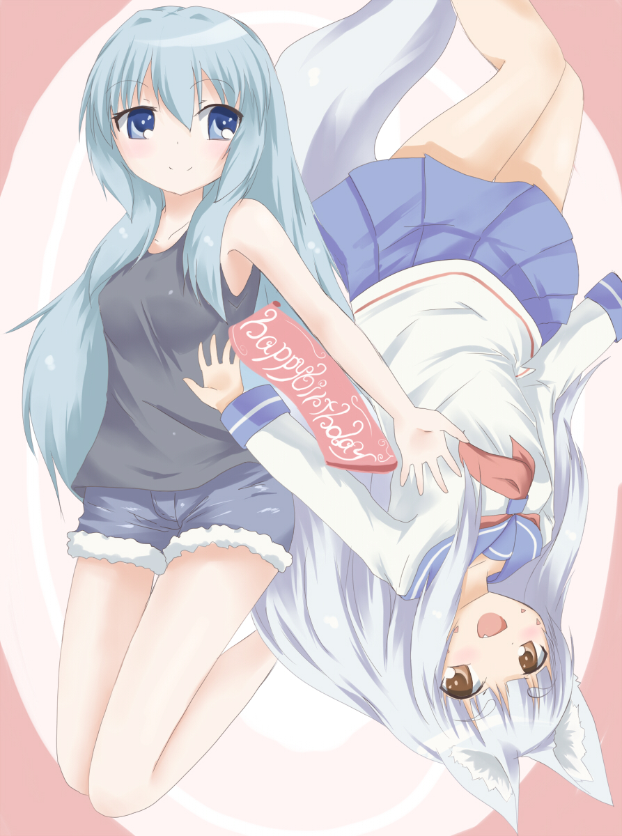 blue_eyes, blue_hair, brown_eyes, fox_ears, highres, m-wataru, original, tail