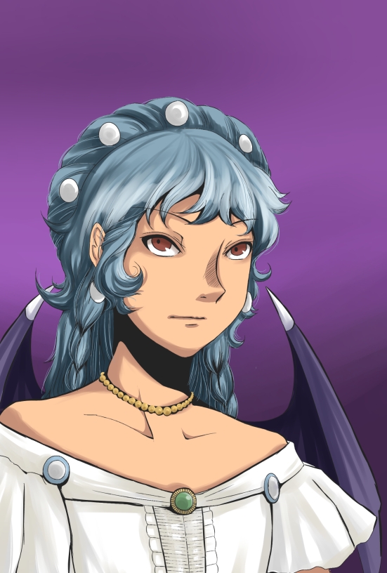adult, alternate_costume, alternate_hairstyle, bad_id, bare_shoulders, bat_wings, blue_hair, bust