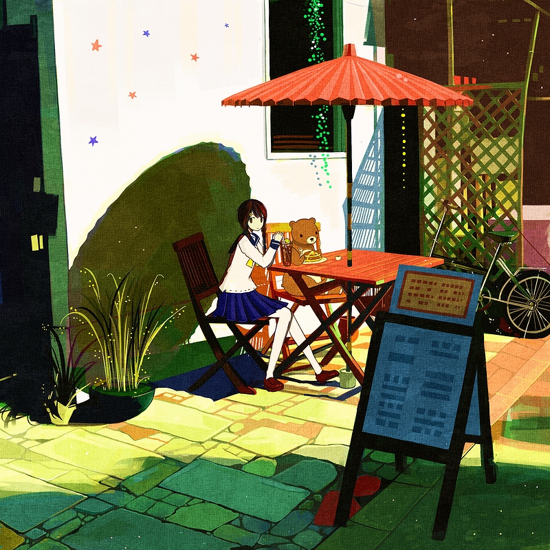 bad_id, bear, bicycle, black_hair, braid, bush, fork, leaf, nomiya, nomiya_(no_38), original, parasol, plant, school_uniform, shadow, solo, star, umbrella