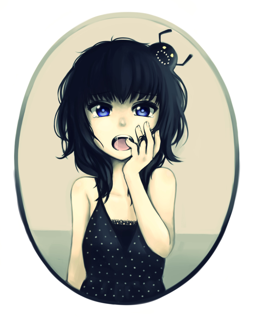bare_shoulders, black_dress, black_hair, blue_eyes, bust, creature, dress, face
