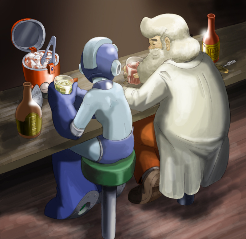 bar, beard, capcom, eddie_(rockman), facial_hair, father_and_son, mega_man_(character), mega_man_(classic)