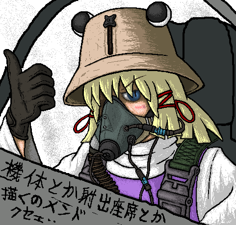 blonde_hair, blue_eyes, buckle, cable, flight_mask, gas_mask, gloves, hat