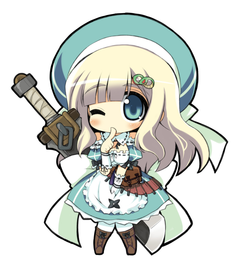 boots, breasts, chibi, cleavage, crazy_developers, dress, finger_to_mouth, hair_ornament