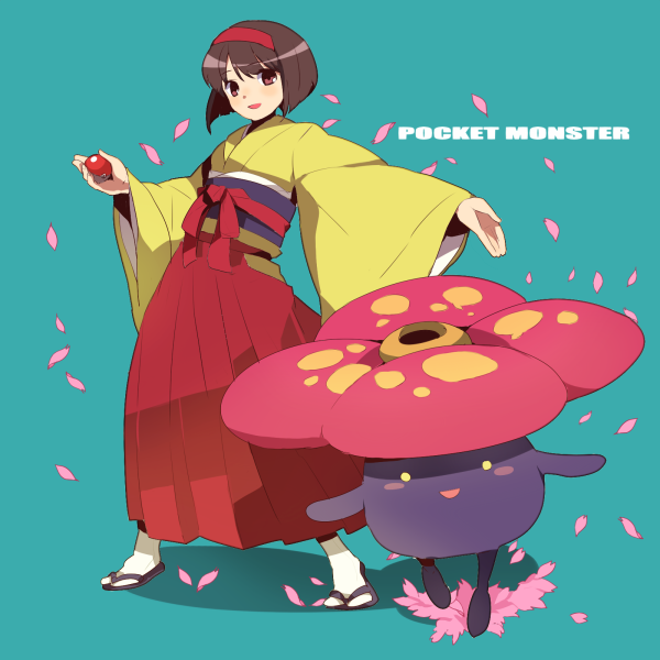 1girl, brown_hair, erika_(pokemon), hairband, hidaka, holding, holding_poke_ball, petals