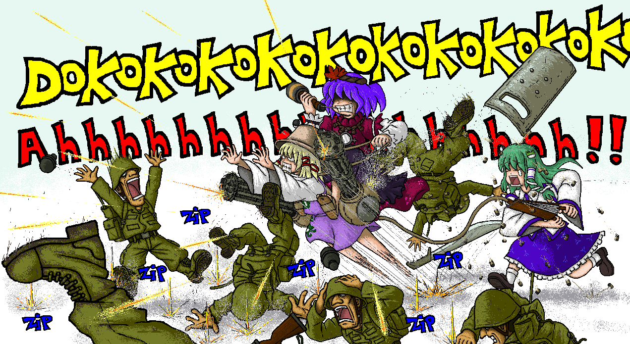 6+boys, battle, bellows, belt, blonde_hair, blue_hair, boots, clenched_teeth