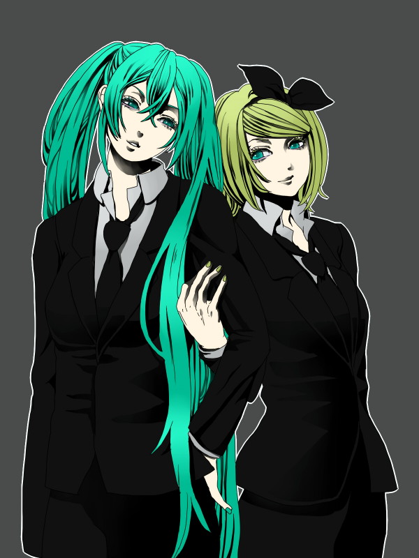 aqua_eyes, aqua_hair, blonde_hair, formal, hair_ribbon, hatsune_miku, kagamine_rin, long_hair