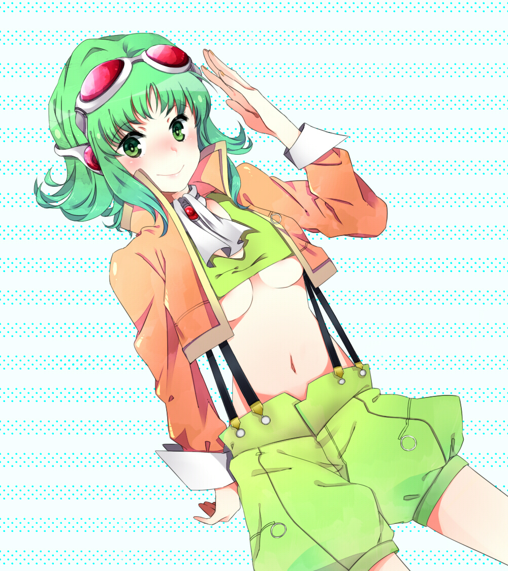 breasts, goggles, goggles_on_head, green_eyes, green_hair, gumi, headphones, jacket