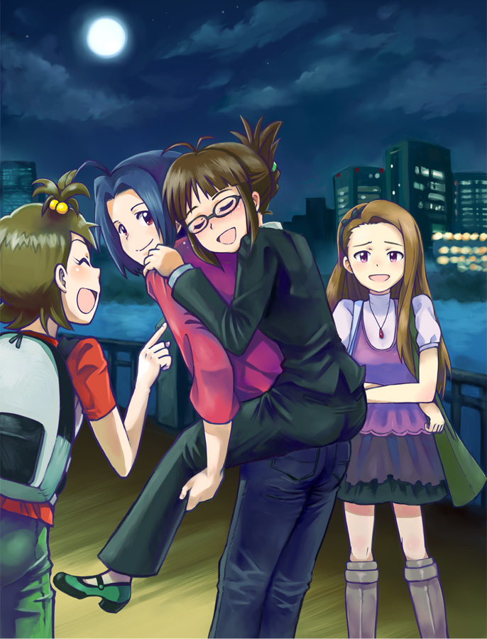 akizuki_ritsuko, bag, blue_hair, boots, brown_eyes, brown_hair, casual, collar