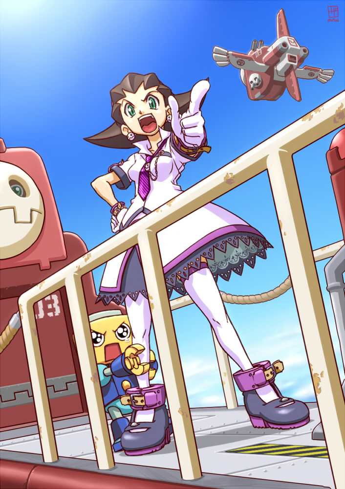 alternate_costume, black_hair, boots, dress, earrings, flying, gloves, green_eyes