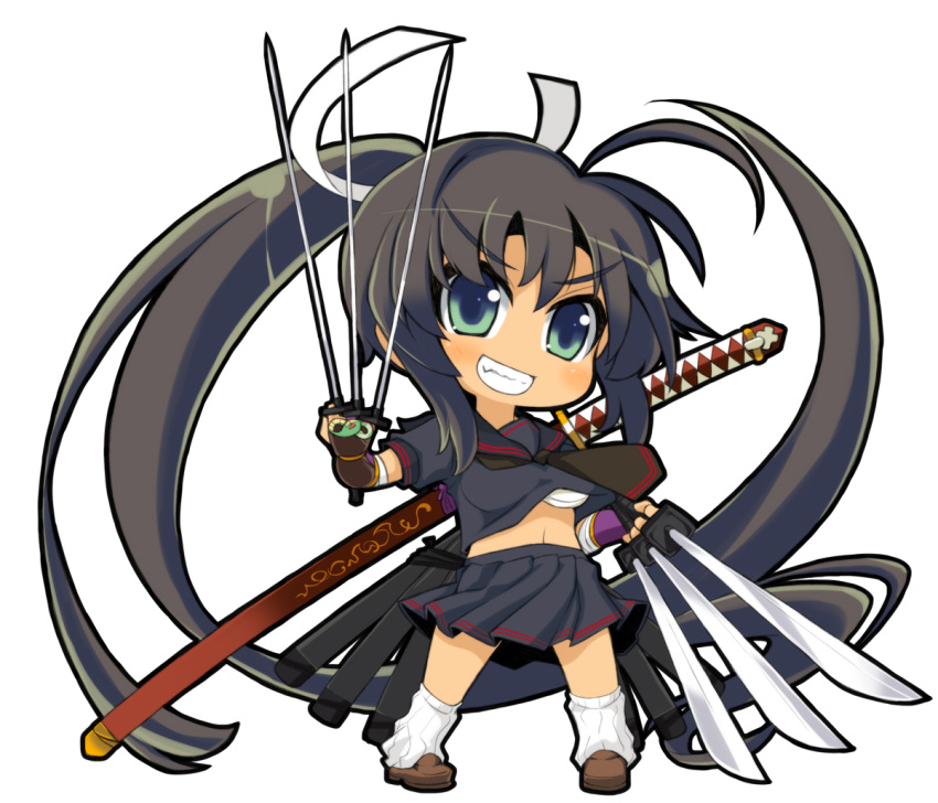 black_hair, chibi, crazy_developers, fingerless_gloves, gloves, homura_(senran_kagura), long_hair, navel
