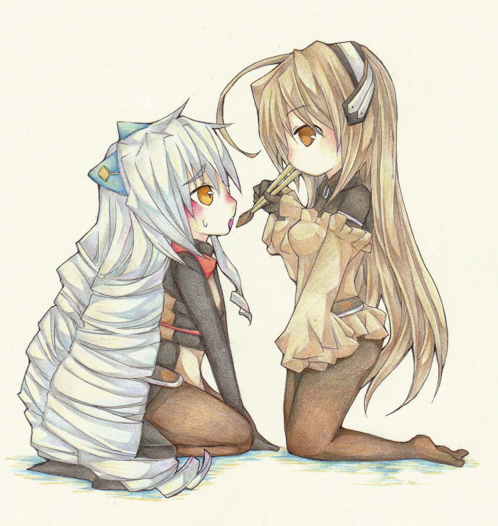 2girls, breasts, brown_legwear, chopsticks, feeding, grey_hair, horizon_ariadust, kaze_yaku