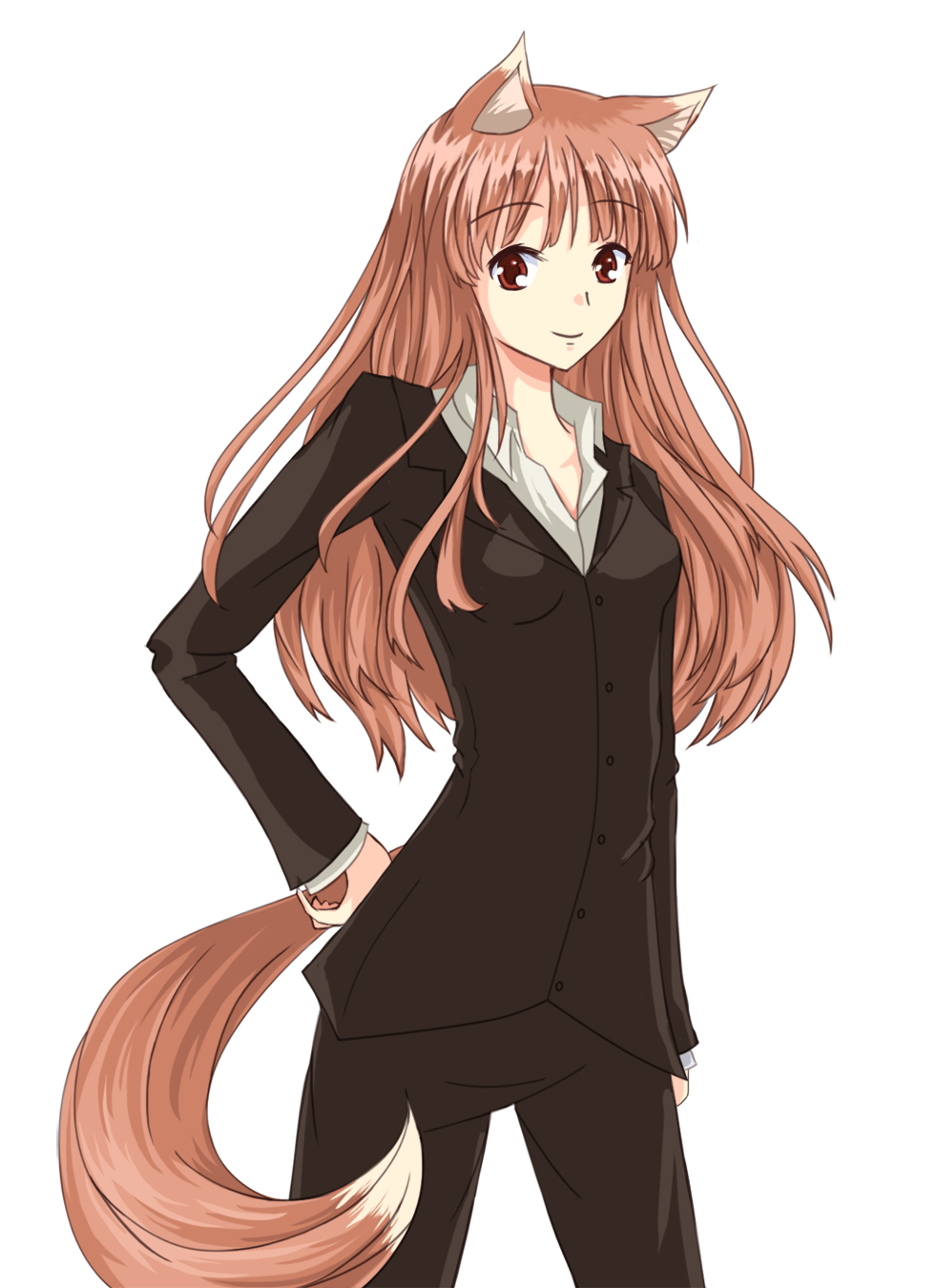 1girl, animal_ears, brown_hair, business_suit, drawfag, female, formal, hand_on_hip
