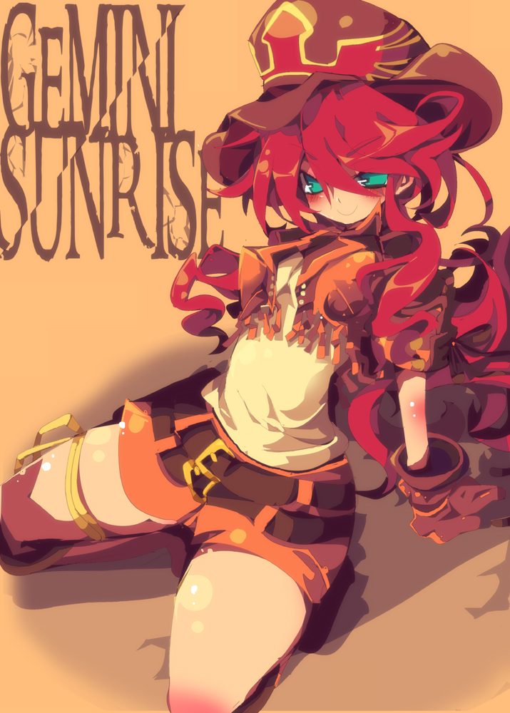 blush, boots, cowboy_hat, dango_mushi, gemini_sunrise, gloves, hat, jacket