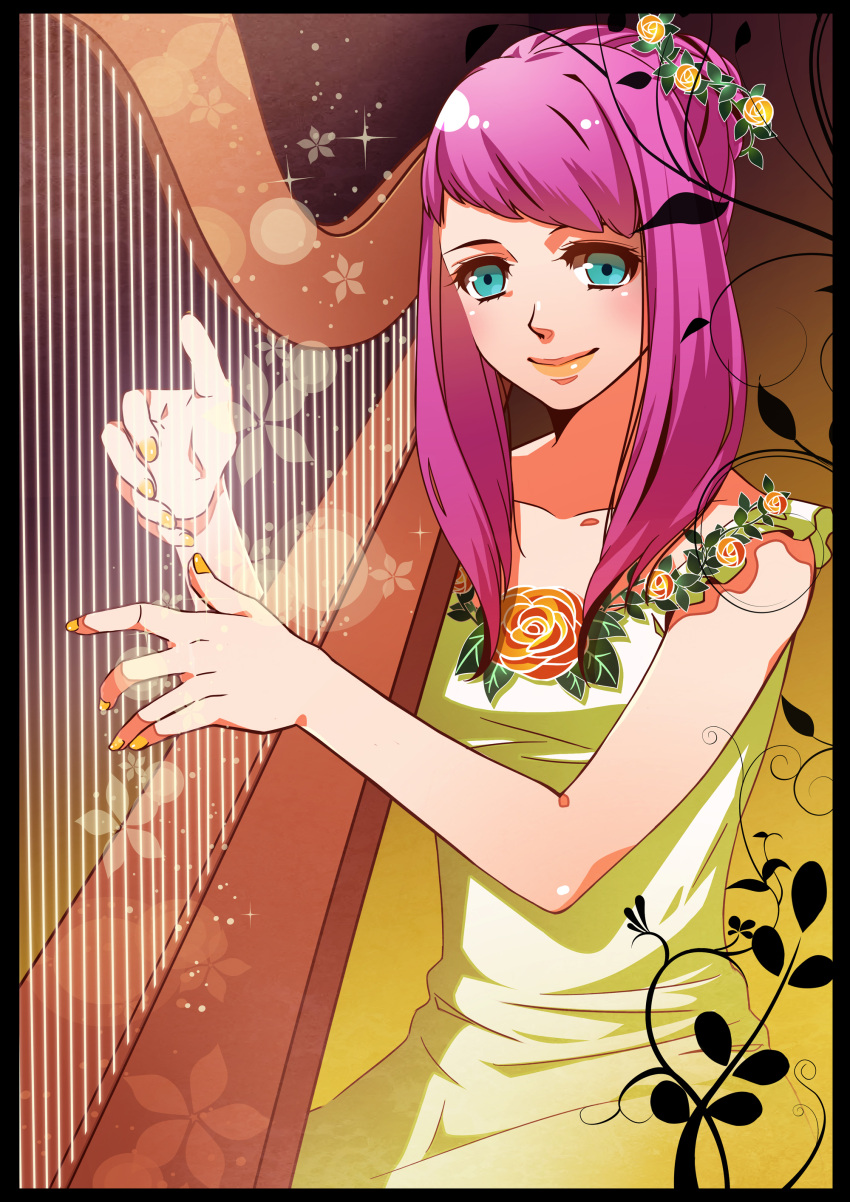 absurdres, alternate_hairstyle, blue_eyes, dress, flower, hair_bun, harp, highres, instrument, megurine_luka, nail_polish, natsu_(pixiv312174), rose, smile, solo, vocaloid