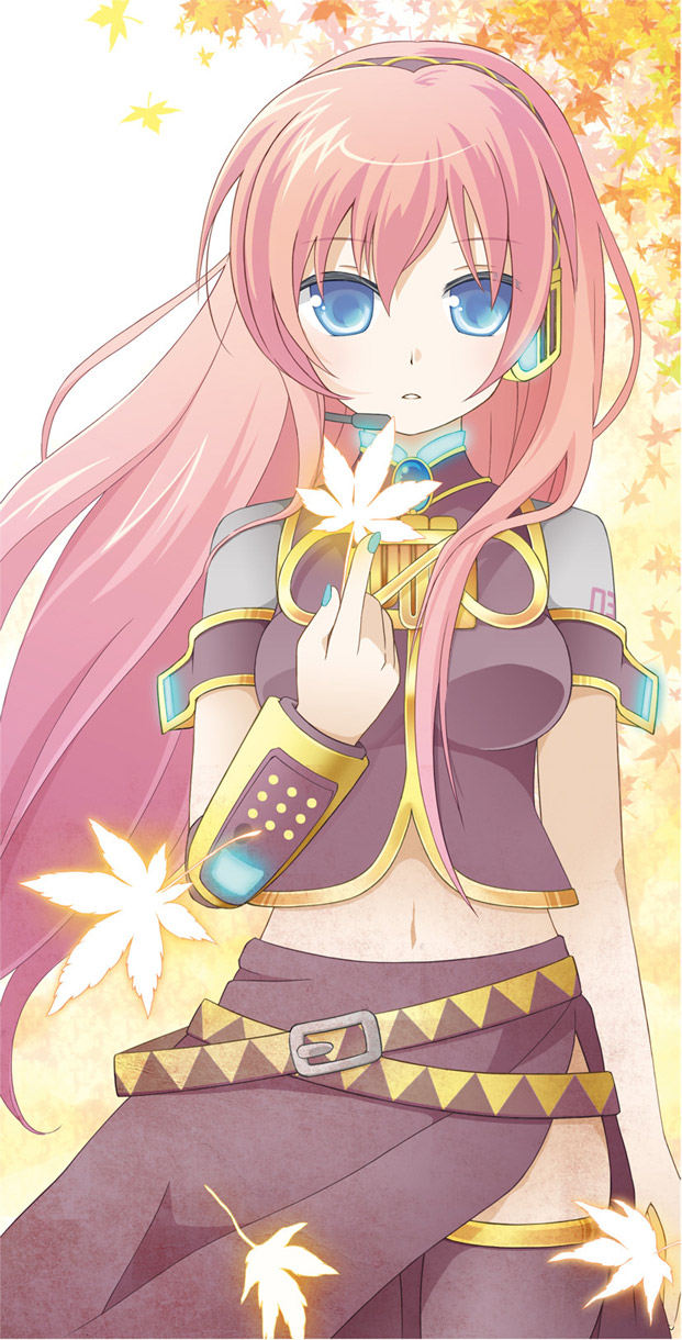 belt, black_legwear, blue_eyes, headphones, highres, leaf, long_hair, megurine_luka