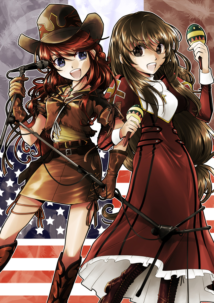 american_flag, belt, blue_eyes, boots, brown_eyes, brown_hair, cowboy_hat, cross