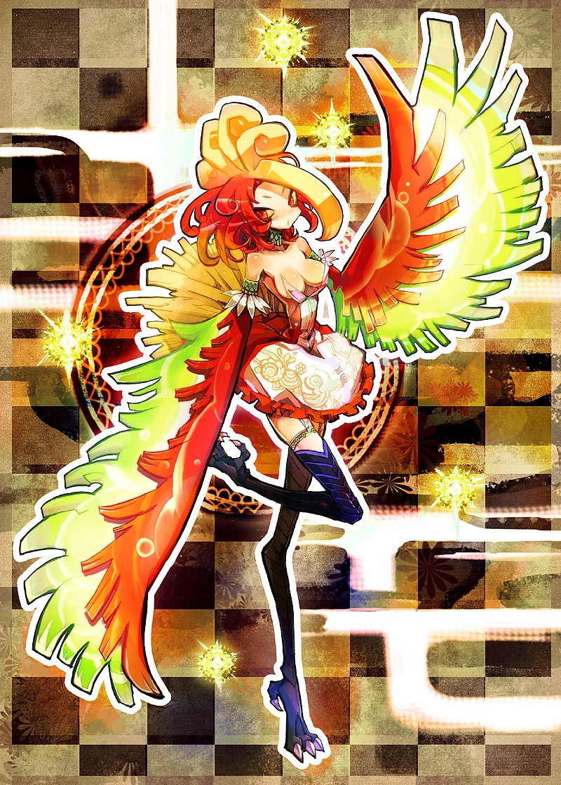 cleavage, dress, duplicate, harpy, ho-oh, kantarou_(8kan), personification, pokemon, red_eyes, red_hair, redhead, wings