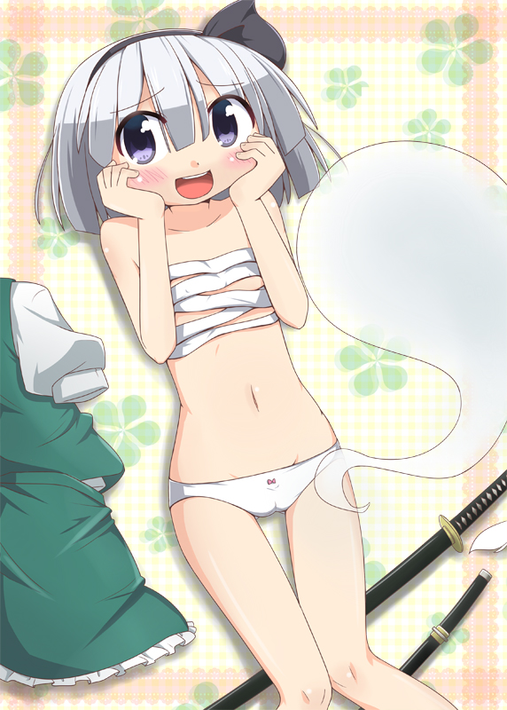 bad_id, blue_eyes, blush, clothes_removed, hair_ribbon, hairband, hand_on_another's_cheek, hand_on_cheek, hands_on_own_cheeks, hands_on_own_face, katana, konpaku_youmu, konpaku_youmu_(ghost), miyako_hito, open_mouth, panties, ribbon, sarashi, scabbard, sheath, short_hair, silver_hair, skirt, smile, solo, sword, touhou, underwear, underwear_only, undone_sarashi, undressed, weapon, white_panties