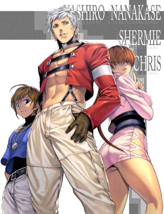 2boys, abs, ass, brown_hair, character_name, chris, hair_over_eyes, homare_(fool's_art), homare_(fool's_art), king_of_fighters, legs, microskirt, multiple_boys, nanakase_yashiro, ponytail, shermie, side_slit, snk, suspenders, thighs, white_hair