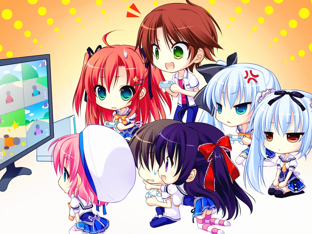 amagami_akito, blue_eyes, bow, brown_hair, chibi, game_cg, group, hat