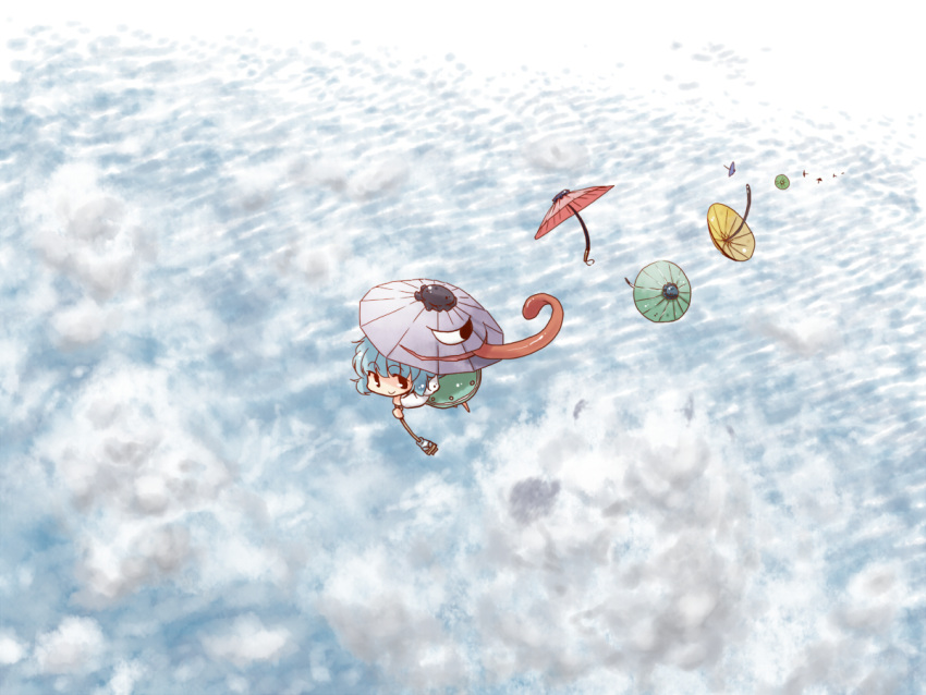 chibi, cloud, clouds, flying, from_above, karakasa, karakasa_obake, kome_kuma