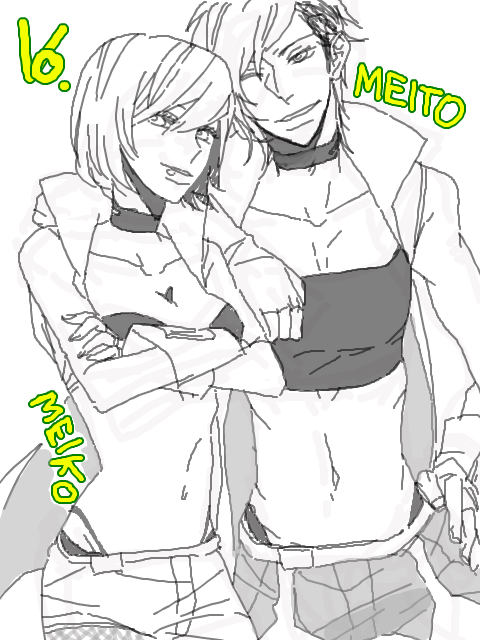 1boy, 1girl, bra, breasts, character_name, couple, genderswap, genderswap_(ftm), lingerie, male, meiko, meiko_(vocaloid), meito, monochrome, oekaki, ran_(redran), short_hair, tegaki, underwear, vocaloid, wink