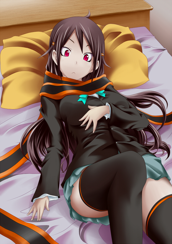 beln_(pocky), blazer, brown_hair, long_hair, lying, red_eyes, scarf, school_uniform