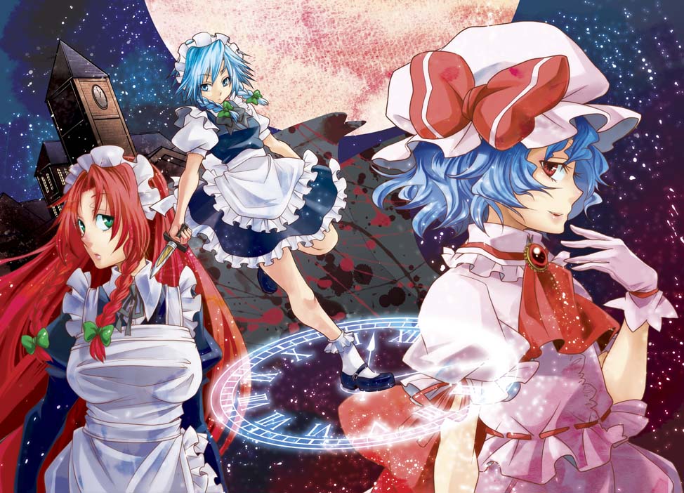 braid, enmaided, gloves, hong_meiling, izayoi_sakuya, knife, long_hair, maid