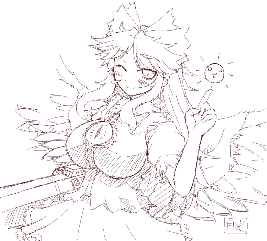 ;), arm_cannon, bangs, blush, bow, breasts, brown, cape, gekkou_ookami, greyscale, hair_bow, impossible_clothes, impossible_shirt, large_breasts, long_hair, looking_at_viewer, monochrome, parted_bangs, reiuji_utsuho, shirt, simple_background, sketch, skirt, smile, solo, third_eye, touhou, weapon, white_background, wings, wink