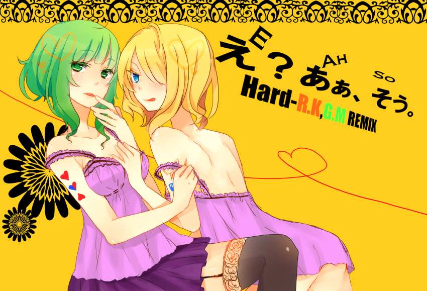 blonde_hair, blue_eyes, blush, eh?_ah_sou_(vocaloid), garter_belt, green_eyes, green_hair, gumi