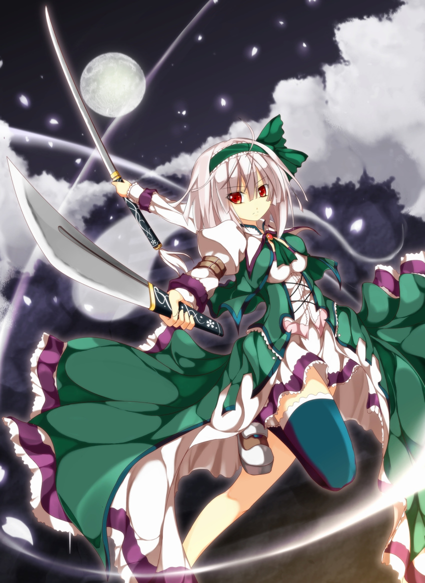 alternate_costume, black_legwear, bow, cherry_blossoms, dress, dress_shirt, full_moon, ghost, guriserin, hairband, highres, katana, konpaku_youmu, konpaku_youmu_(ghost), magical_girl, moon, petals, red_eyes, shoes, short_hair, silver_hair, single_thighhigh, skirt, solo, stairs, sword, thighhighs, touhou, weapon