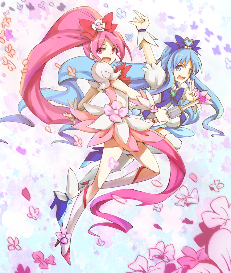:d, \m/, absurdly_long_hair, bad_id, blue_eyes, blue_hair, boots, bow, brooch, choker, cure_blossom, cure_marine, dress, flower, flower_tact, hair_ornament, hair_ribbon, hairpin, hanasaki_tsubomi, happy, heart, heartcatch_precure!, jewelry, kanbara_maro, kurumi_erika, long_hair, magical_girl, multiple_girls, open_mouth, pink_eyes, pink_hair, ponytail, precure, ribbon, shoes, smile, thigh-highs, thighhighs, very_long_hair, wand, white_legwear, wrist_cuffs
