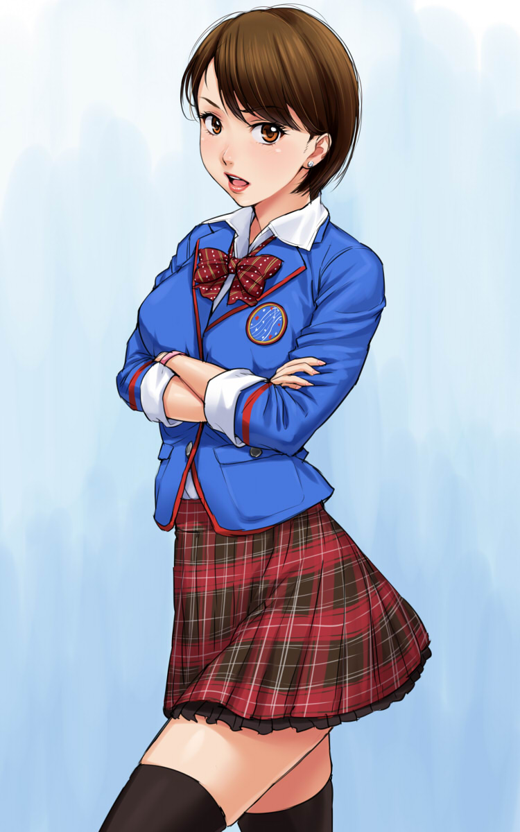 blush, bowtie, brown_eyes, brown_hair, female, highres, jewelry, kamen_rider, kamen_rider_fourze_(series), kazashiro_miu, nigou, open_mouth, plaid, plaid_skirt, school_uniform, short_hair, skirt, solo, thigh-highs, thighhighs