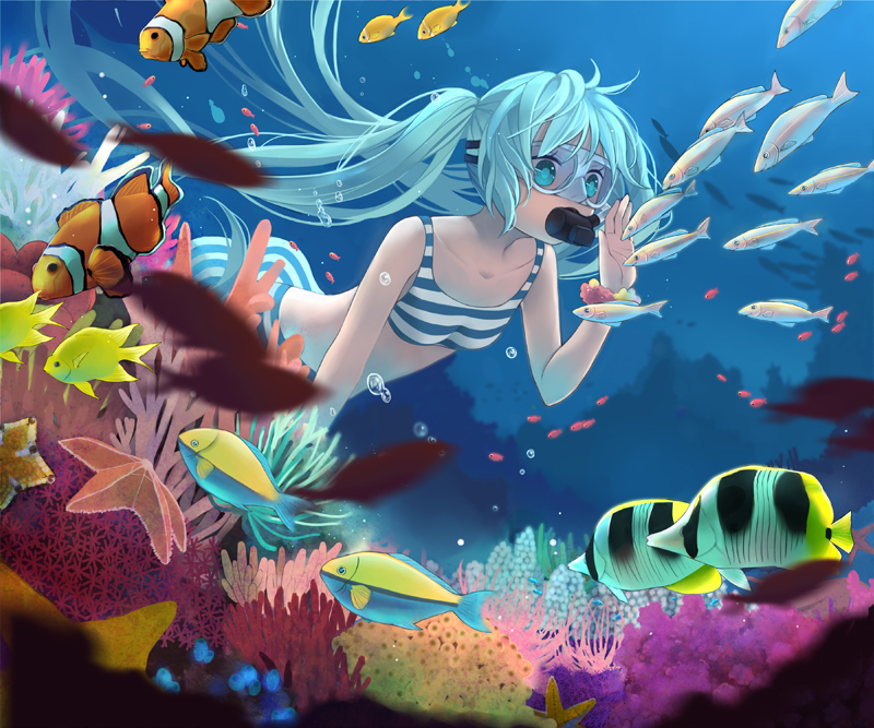 aqua_eyes, aqua_hair, bikini, blue_eyes, blue_hair, bubble, clownfish, colorful