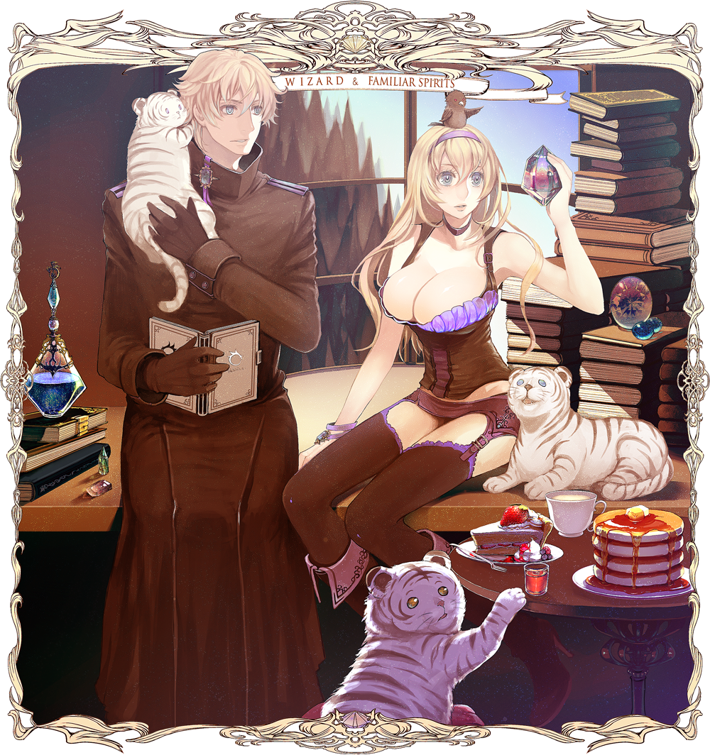 bird, blonde_hair, blue_eyes, book, breasts, cleavage, garter_belt, hair_ornament, hairclip, large_breasts, long_hair, nicole, pancake, pie, pixiv_fantasia, pixiv_fantasia_wizard_and_knight, short_hair, tiger, tiger_cub
