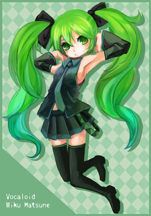 arie9, detached_sleeves, green_eyes, green_hair, hatsune_miku, necktie, skirt, solo