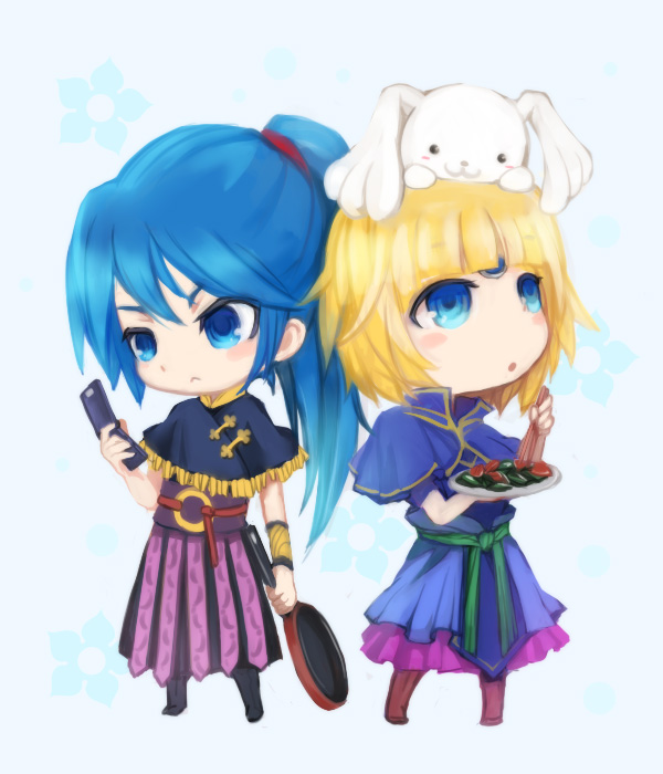 arie9, blonde_hair, blue_eyes, blue_hair, lu_xun, sangokushi_taisen, sun_huan