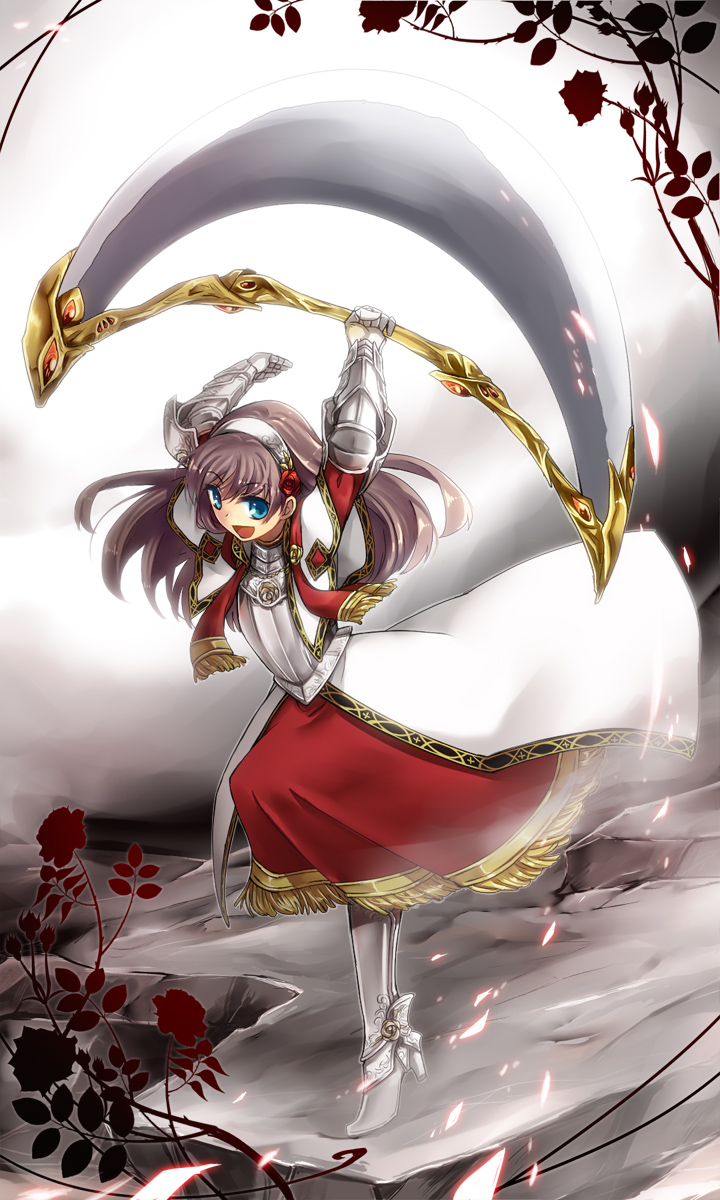 1girl, arms_up, blue_eyes, brown_hair, female, hairband, high_heels, highres