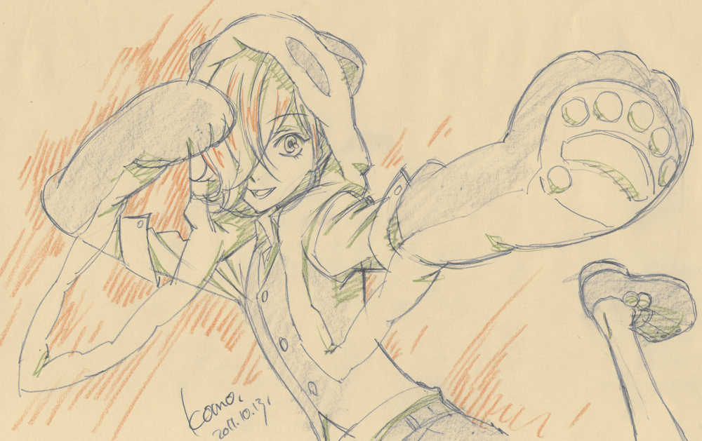 inga, komori_takahiro, official_art, open_mouth, panda_hat, signature, sketch, traditional_media