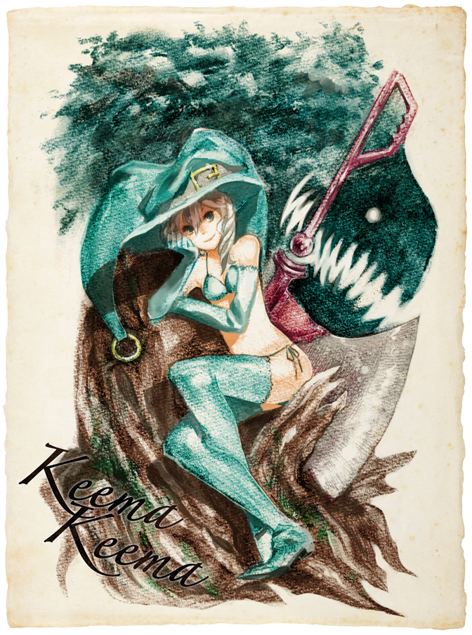 bare_shoulders, bikini_top, elbow_gloves, gloves, green_eyes, hat, matsushita_mino, monster