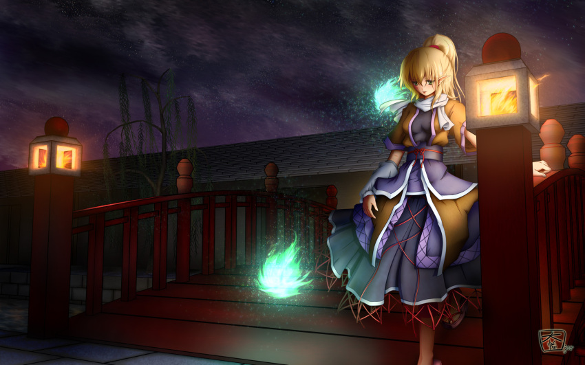 16:10, arm_warmers, bad_id, blonde_hair, bridge, flame, green_eyes, highres, inaba-usagi, mizuhashi_parsee, pointy_ears, ponytail, scarf, solo, touhou, wallpaper