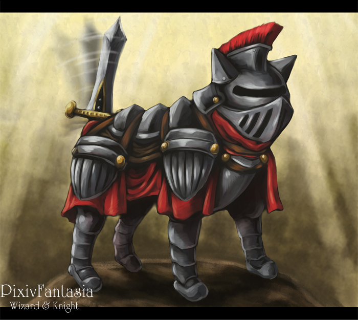 dog, helmet, krychasuke, kurii_chasuke, no_humans, pixiv_fantasia, pixiv_fantasia_wizard_and_knight, sword, tail, tail_wagging, weapon