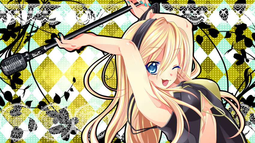 armpits, bad_id, blonde_hair, blue_eyes, cable, flapper_shirt, lily_(vocaloid), long_hair